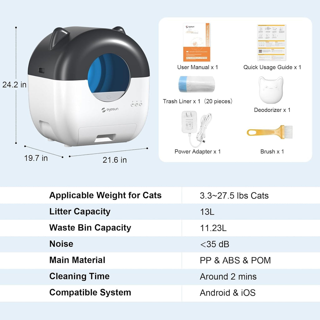 Self Cleaning Cat Litter Box 76L Smart App Control Quiet Multi-Cat