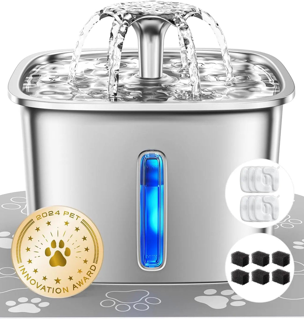 Stainless Steel Cat Water Fountain 95oz with 5-Stage Filtration & LED